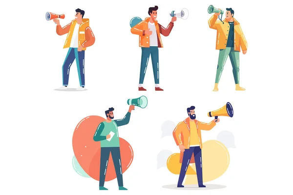 Hand Drawn Man Holding Megaphone Announce Advertisement Flat Style Isolated — Stock Vector