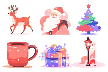 Noel Baba 'nın el çizimi seti. Arka planda düz stil Noel eşyaları var.