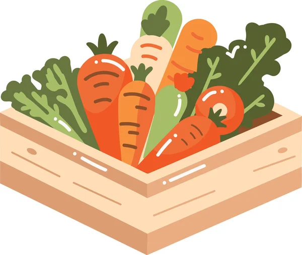 手工采摘的水果和蔬菜 装在扁平的盒子里 与背景隔离 — 图库矢量图片