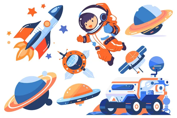 Hand Drawn Set Astronauts Space Objects Flat Style Isolated Background — Stock Vector