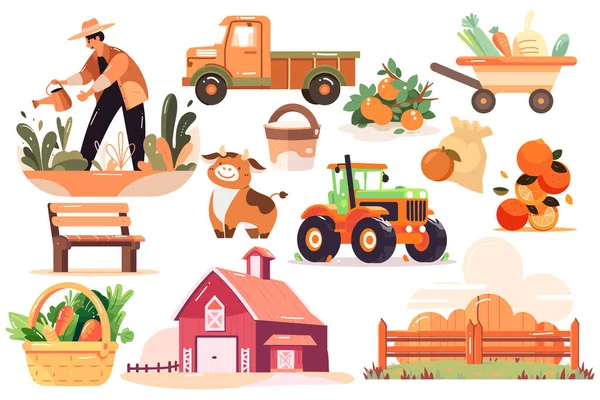 Handgezeichnetes Set Von Landwirten Und Landwirtschaftlichen Objekten Flachem Stil Isoliert — Stockvektor