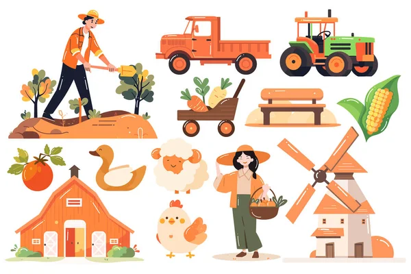 手工绘制的农民和农场物件集合 风格扁平 背景隔离 — 图库矢量图片