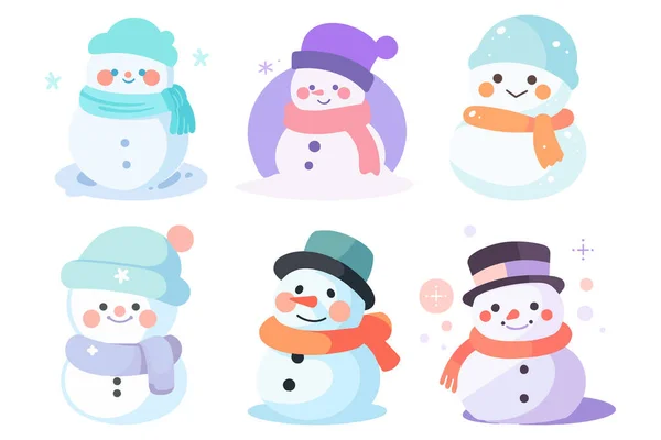 Hand Drawn Set Christmas Snowman Flat Style Isolated Background — Stock Vector