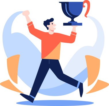 El çizimi başarılı bir iş adamı ve arka planda izole edilmiş düz stil bir kupa.