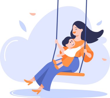 El yapımı anne, arka planda izole edilmiş bir şekilde çocukla salıncaklarda oynuyor.