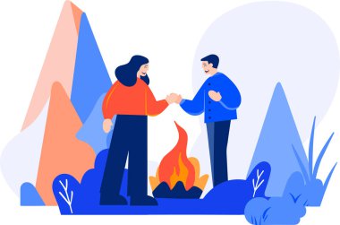 Arka planda izole edilmiş, düz stil kamp ateşi olan El Çekimi Turistleri