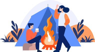 Arka planda izole edilmiş, düz stil kamp ateşi olan El Çekimi Turistleri