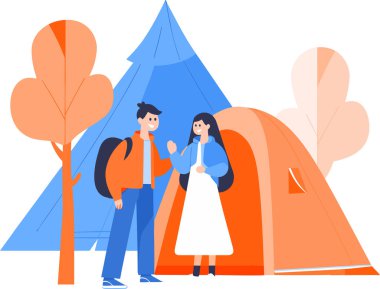 Arka planda izole edilmiş, düz stil kamp ateşi olan El Çekimi Turistleri