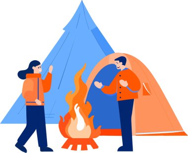 Arka planda izole edilmiş, düz stil kamp ateşi olan El Çekimi Turistleri