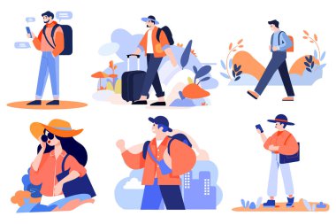 Arka planda izole edilmiş düz stil çekici el çizimi turistler