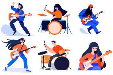 El çizimi müzisyenler gitar çalıyor ve arka planda izole bir şekilde şarkı söylüyor.