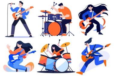 El çizimi müzisyenler gitar çalıyor ve arka planda izole bir şekilde şarkı söylüyor.