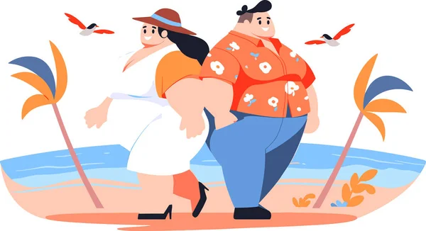Handgezeichnete Übergewichtige Touristen Entspannen Sich Meer Urlaub Flachem Stil Isoliert — Stockvektor