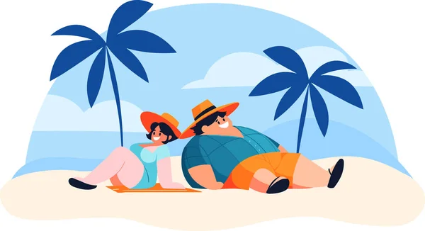 Handgezeichnete Übergewichtige Touristen Entspannen Sich Meer Urlaub Flachem Stil Isoliert — Stockvektor