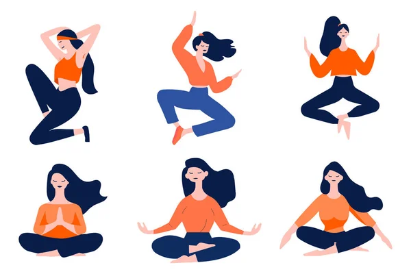 Handgezeichnete Weibliche Figur Beim Yoga Oder Meditieren Flachem Stil Isoliert — Stockvektor