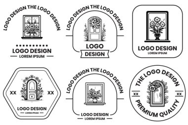Arka planda izole edilmiş çiçek logosuna sahip kapı ve pencereler