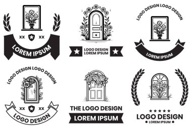 Arka planda izole edilmiş çiçek logosuna sahip kapı ve pencereler