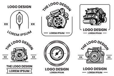 Arkaplanda izole edilmiş düz çizgili sanat tarzındaki makineler için motor logosu