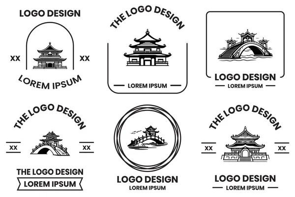 背景に隔離された平らなラインアートスタイルの中国の建物または日本の建物のロゴ — ストックベクタ