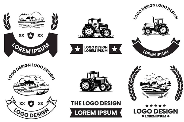 Bauernhöfe Und Felder Logo Flacher Linie Kunststil Isoliert Auf Dem — Stockvektor