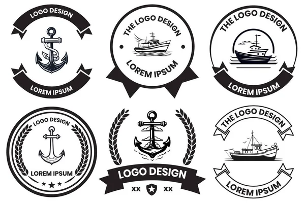 Fischerei Und Maritime Logo Flachstrichkunst Stil Isoliert Auf Dem Hintergrund — Stockvektor