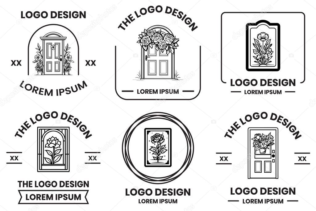 Doors and windows with flowers logo in flat line art style isolated on background