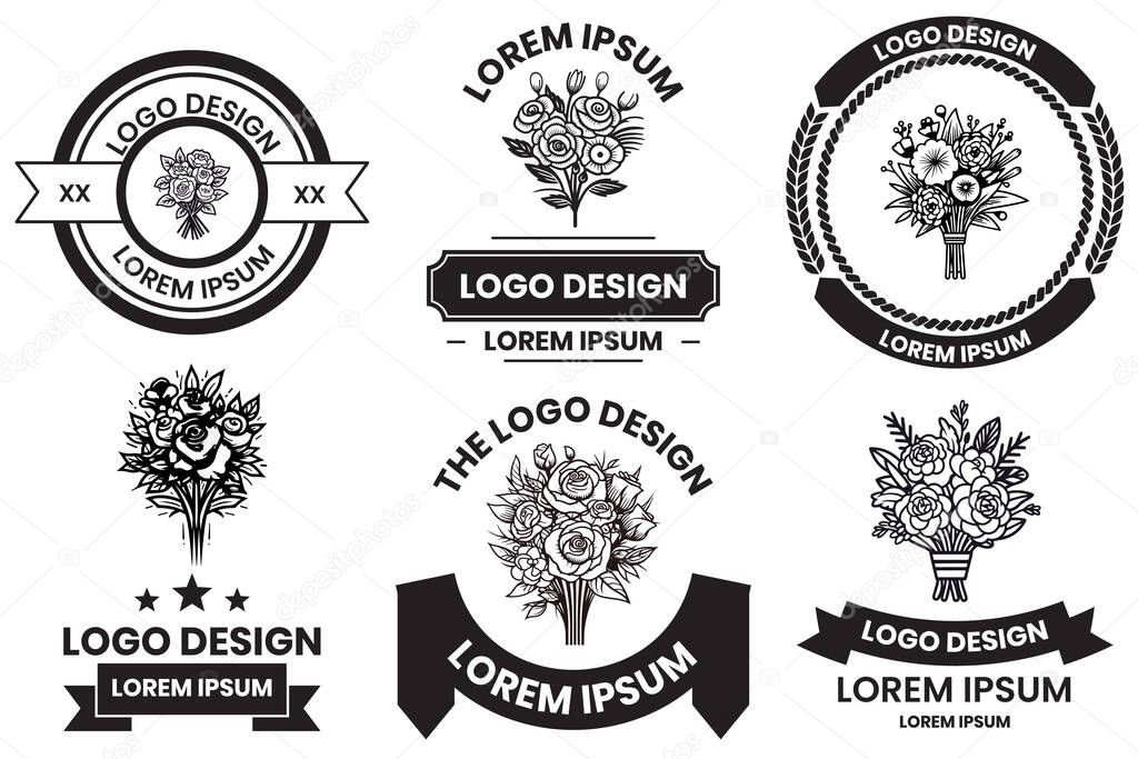 Flower and bouquet logo in flat line art style isolated on background