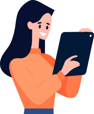 El Çizimi Kadın karakteri arka planda izole edilmiş bir tablet ya da akıllı telefon tutuyor