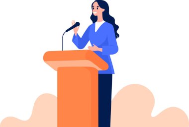 Hand Drawn Business woman speaking on the podium in flat style isolated on background clipart
