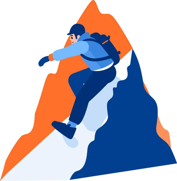手描きアドベンチュラス観光客が背景に隔離されたフラットスタイルで山を登る — ストックベクタ