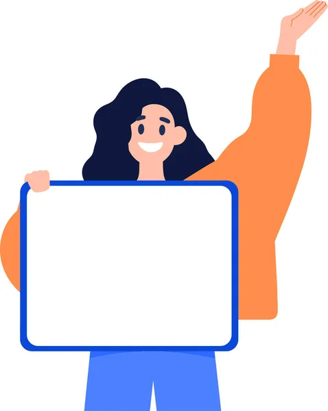 Hand Drawn Female Character Holding White Board Flat Style Isolated — Stock Vector
