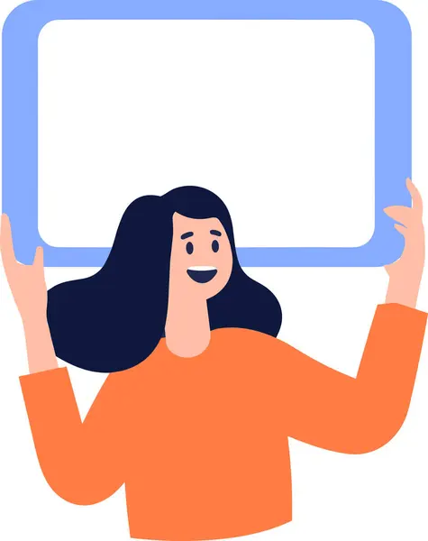 手绘女性角色 手持白板 背景为扁平风格 — 图库矢量图片