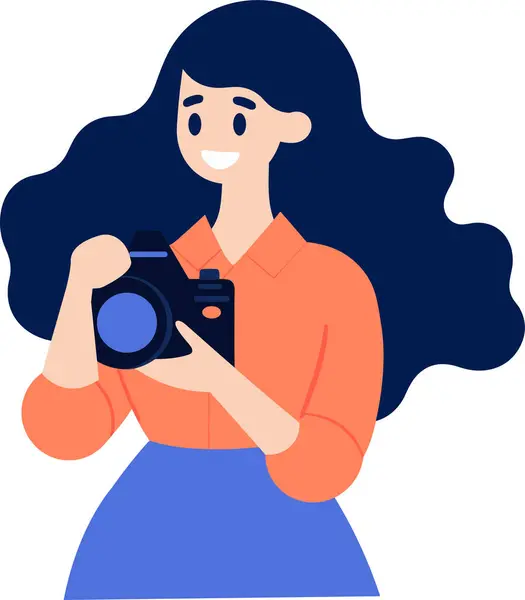 Hand Drawn Female Character Taking Pictures Camera Flat Style Isolated — Stock Vector