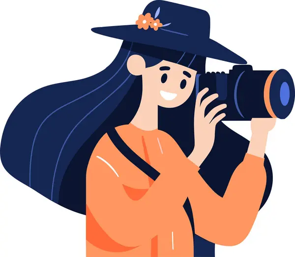 バックグラウンドで隔離されたフラットスタイルでカメラで写真を撮る手描きの女性キャラクター — ストックベクタ