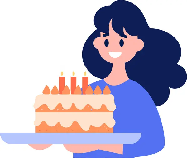 バックグラウンドで隔離されたフラットスタイルの誕生日ケーキで手描きの女性キャラクター — ストックベクタ