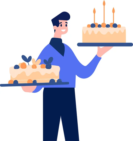Personnage Masculin Dessiné Main Avec Gâteau Anniversaire Dans Style Plat — Image vectorielle