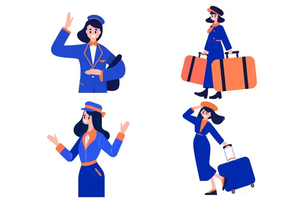 手绘飞行服务人员与手提箱的平面风格隔离的背景 — 图库矢量图片