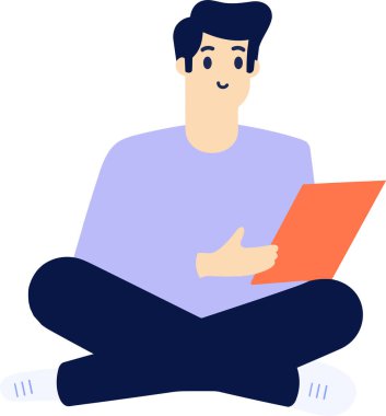 El Çizimi Erkek karakteri arka planda izole edilmiş bir şekilde oturup kitap okuyor.