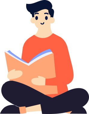 El Çizimi Erkek karakteri arka planda izole edilmiş bir şekilde oturup kitap okuyor.