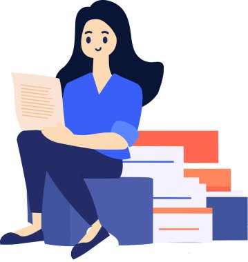 El çizimi kadın karakter arka planda izole bir şekilde oturup kitap okuyor.