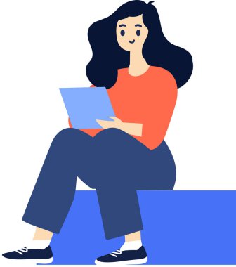 El çizimi kadın karakter arka planda izole bir şekilde oturup kitap okuyor.
