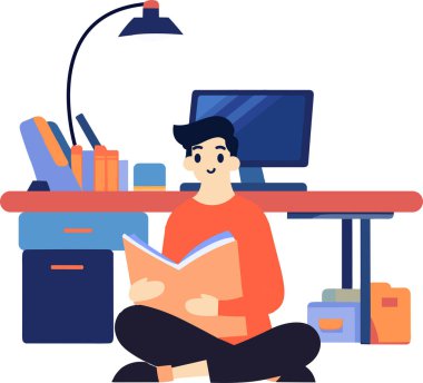 El Çizimi Bir erkek karakter ofisinde oturuyor ve arka planda izole bir şekilde kitap okuyor.