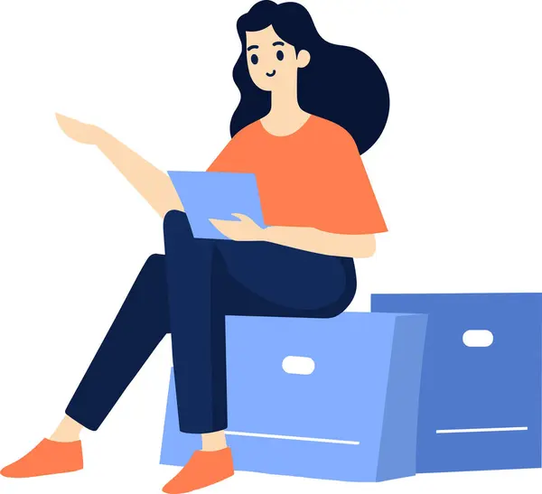 Personnage Féminin Dessiné Main Assis Lisant Livre Dans Style Plat — Image vectorielle