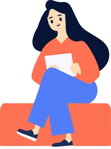 Personnage Féminin Dessiné Main Assis Lisant Livre Dans Style Plat — Image vectorielle