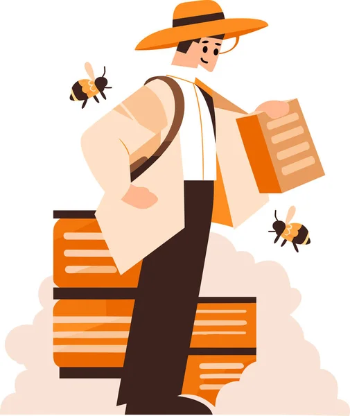 バックグラウンドで隔離されたフラットスタイルで手描きの養蜂家や農民のキャラクター — ストックベクタ