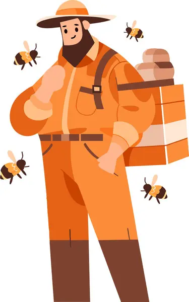 バックグラウンドで隔離されたフラットスタイルで手描きの養蜂家や農民のキャラクター — ストックベクタ