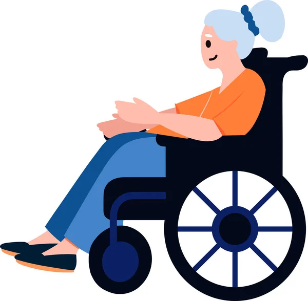 バックグラウンドで隔離されたフラットスタイルの車椅子に座っている手描きの高齢者キャラクター — ストックベクタ