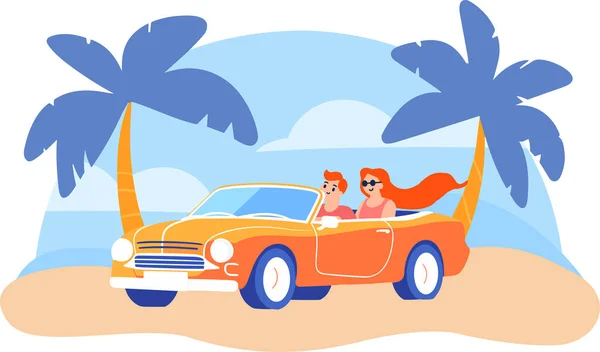 Handgezeichnete Touristen Fahren Cabrios Flachen Stil Den Strand — Stockvektor