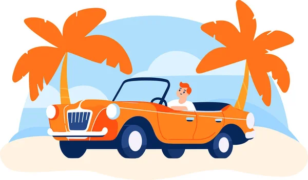 Hand Drawn Tourists Drive Convertibles Car Beach Flat Style Isolated — Stock Vector