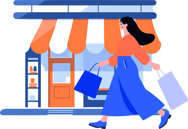 手绘手绘一个提着购物袋的女人 带着背景的平平静静静地走过一家店面 — 图库矢量图片